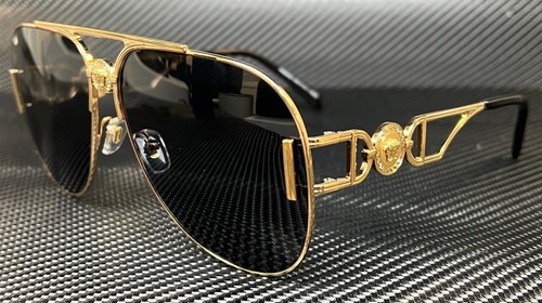 Pre-owned Versace Ve2255 100287 Gold Grey Unisex 63 Mm Sunglasses In Gray