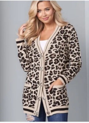 VENUS Cozy Leopard Animal Print Pocket CARDIGAN  w Pretty Rhinestone buttons XL