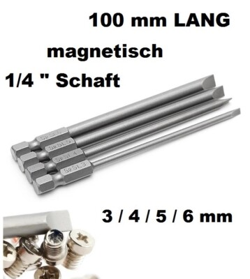 4 tlg Schlitz Bit Set 100mm LANG 1/4'' MAGNETISCH 3 4 5 6 mm Sechskant 1/4 '' Zoll