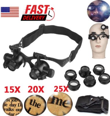 Double Eye Jewelry Watch Repair Magnifier Loupe Glasses With LED Light 8 Lens 