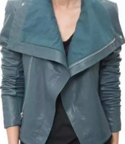 Pre-owned Veda Classic Leather Teal Moto Jacket Size Small Msrp $898 In Green