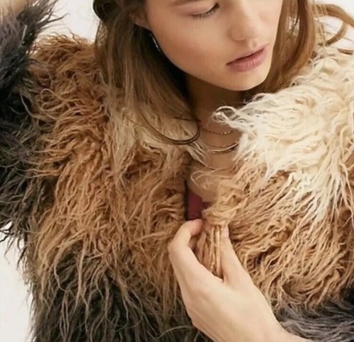 Pre-owned Free People Terra Coat Ombre Fringe Shag Jacket Xs Retails $368 Brown Motif
