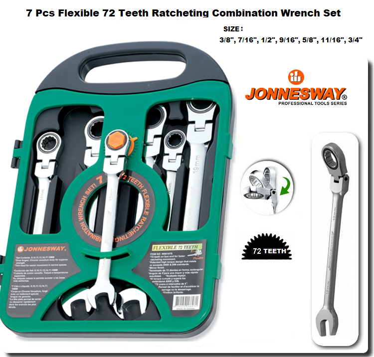 Jonnesway W67207s 7 Pcs Flexible Ratcheting Combination Wrench Sae 3/8"3/4"