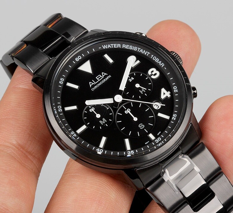 Pre-owned Seiko Alba At3f43x Black Stainless Steel Quartz 100m Wr Mens Chronograph Watch