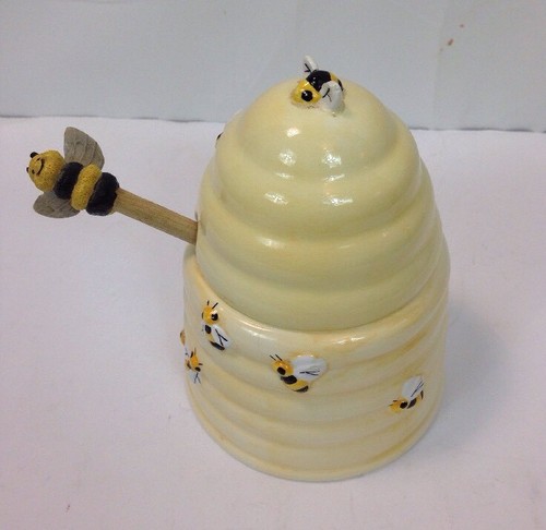 Boston Warehouse Ceramic BEE HIVE HONEY JAR POT with BEE DIPPER Stick Large 6