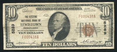 1929 $10 THE CITIZENS NATIONAL BANK OF LEWISTOWN, PA NATIONAL CURRENCY CH. #5289