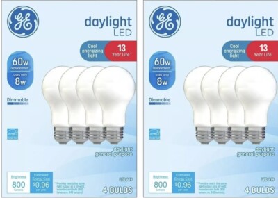 8 GE Daylight LED Light Bulbs 60w - A19 - 2 Packs of 4) - NEW - Free Ship