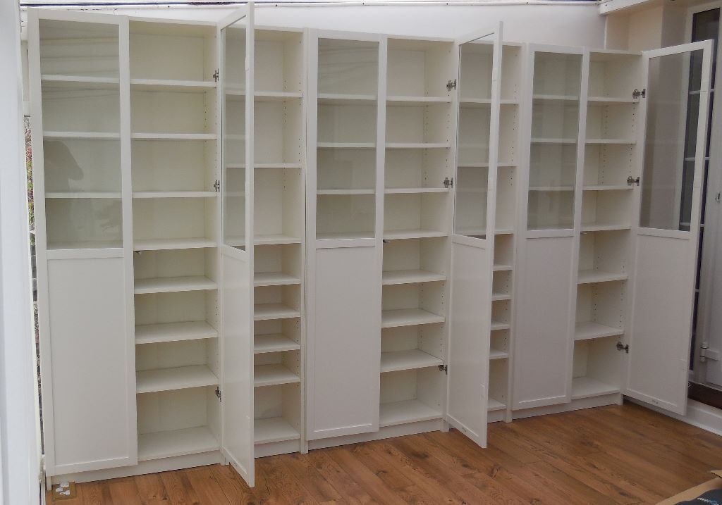 Ikea White Billy Bookcases with White Panel/Glass Oxberg 