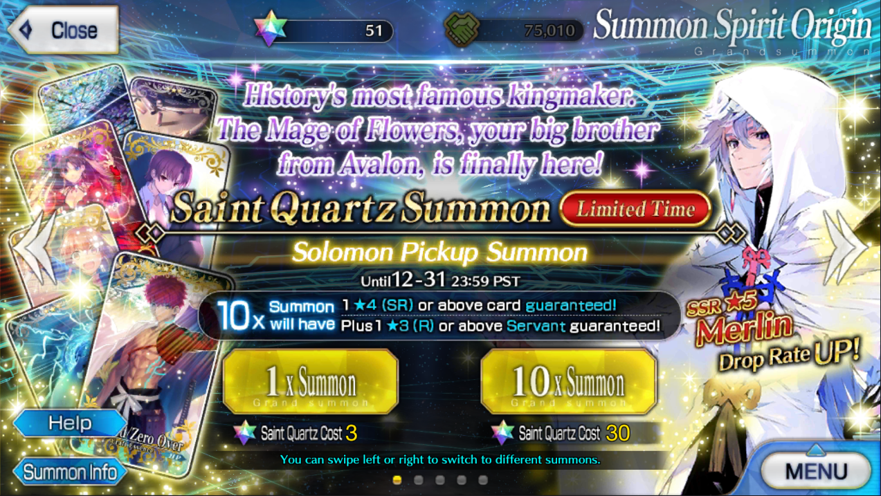 FGO NA Starter NA Account - Merlin + 51 SQs