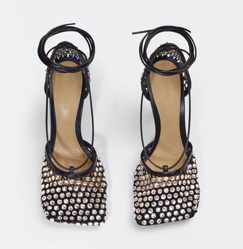 Pre-owned Bottega Veneta Sparkle Stretch Tie Around Pump Sandals $1950 In Black