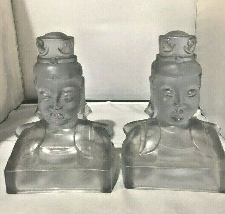 Vintage Imperial Cathay Clear Buddha Satin Crystal Bookends  Virginia Evans Sign