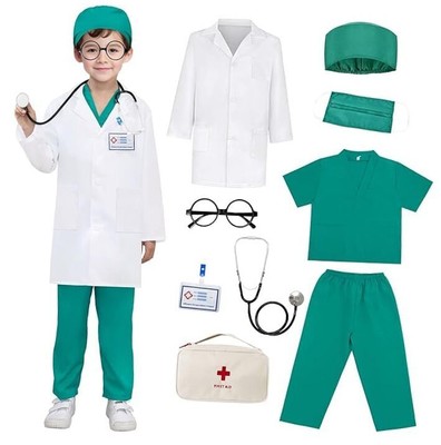 Doctor Costume for Kids Scrubs Pretend Play Kit Doctor Lab Coat 3-4 years Green