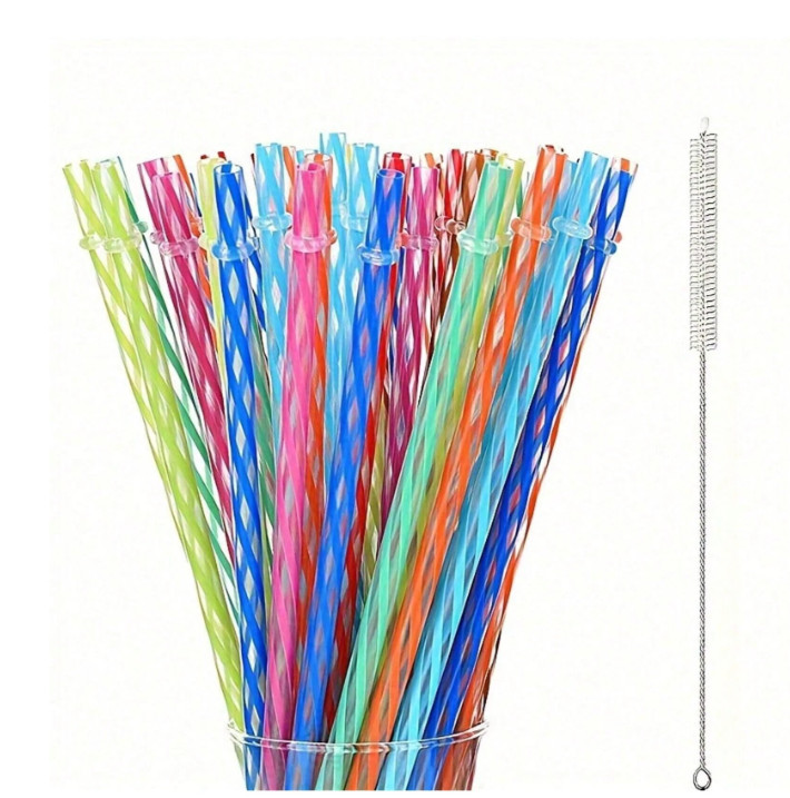 12pcs Reusable Plastic Straws with Cleaning Brushes, Fits 24-30oz Mason