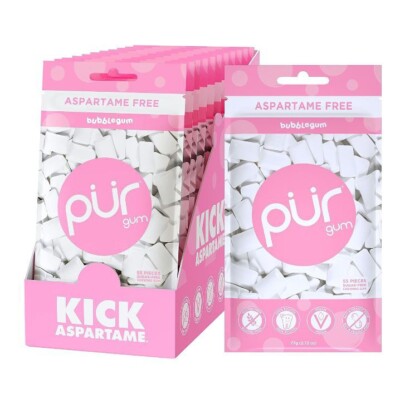PUR Xylitol Chewing Gum Bubblegum (55 Pieces, 12 Pack)Sugarless Vegan Bubble Gum