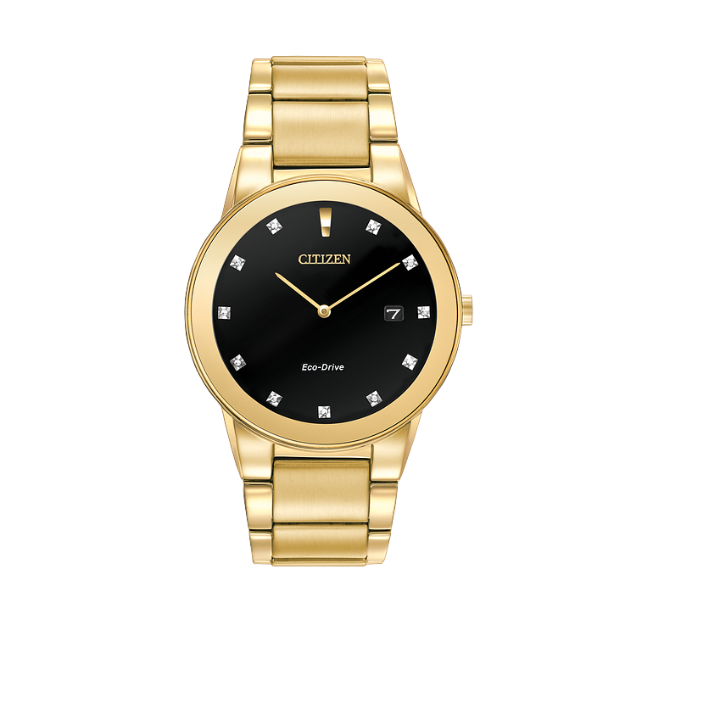 Pre-owned Citizen Au1062-56g Axiom Black Diamond Dial Gold Stainless Bracelet Mens Watch