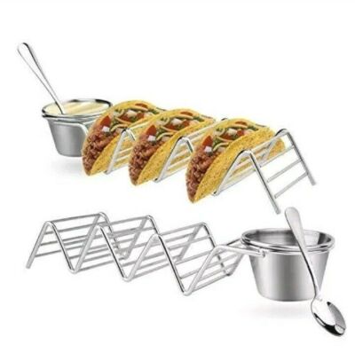 Taco Holders & Salsa Guacamole Cups Premium Stainless Steel 2 Stands/2 Salsa Cup