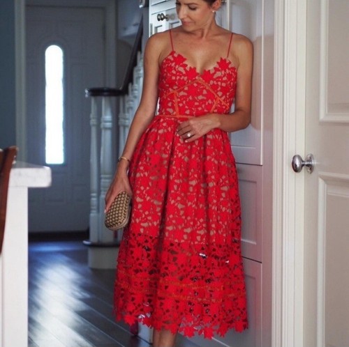 Self-Portrait Red Azaelea Fit & Flare Lace Midi Dress Size 4