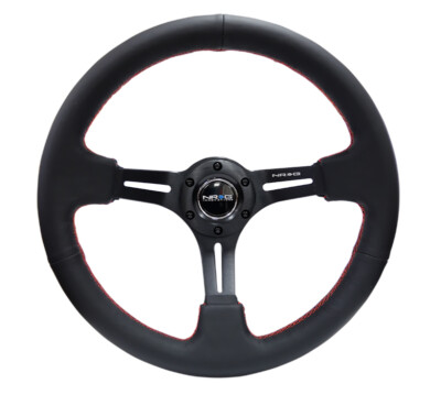 NRG (RST-018R-RS) Reinforced Steering Wheel (350mm / 3in) Blk Leather/Red Stitch