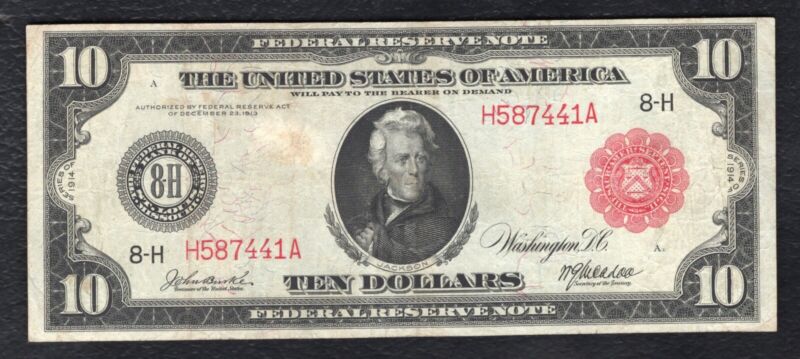 Fr. 899a 1914 $10 Red Seal Frn Federal Reserve Note St. Louis, Mo Very Fine+