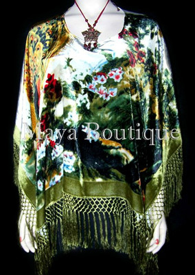 Pre-owned Maya Matazaro Peacock Poncho Shawl Top Silk Burnout Velvet Ivory Multi  In Ivory Olive Green Multi