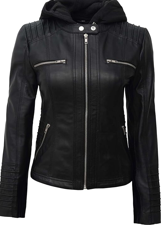 MOTO WOMEN SLIM FIT HOODED BLACK MOTORCYCLE REAL LEATHER BIKER JACKET