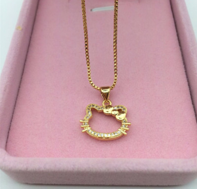Bow Kitten Pave Cubic Zirconia Cat Hello Kitty Pendant Gold Chain Necklace