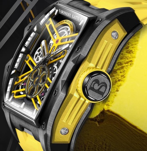 Pre-owned Fashion Yellow Gatti Sapphire Watch Skeleton Auto Mechanical Luminous Wristwatch