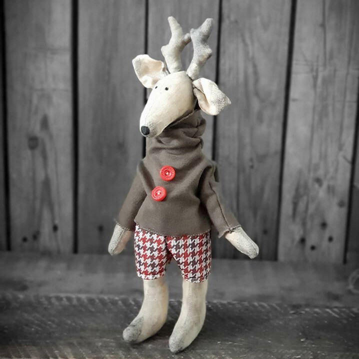 Vintage Stoff-Rentier Tilda-Stil 34 cm Hirsch Elch Shabby Rentier Handarbeit