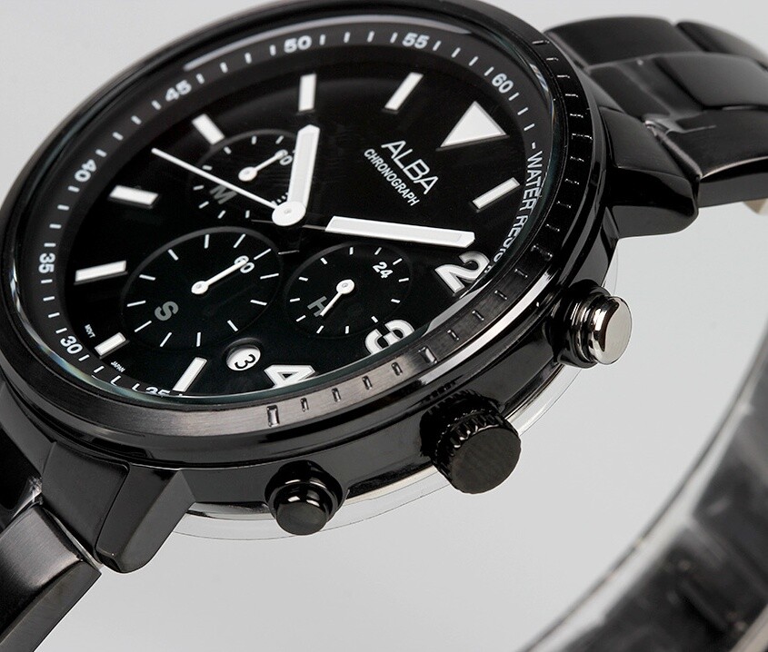 Pre-owned Seiko Alba At3f43x Black Stainless Steel Quartz 100m Wr Mens Chronograph Watch