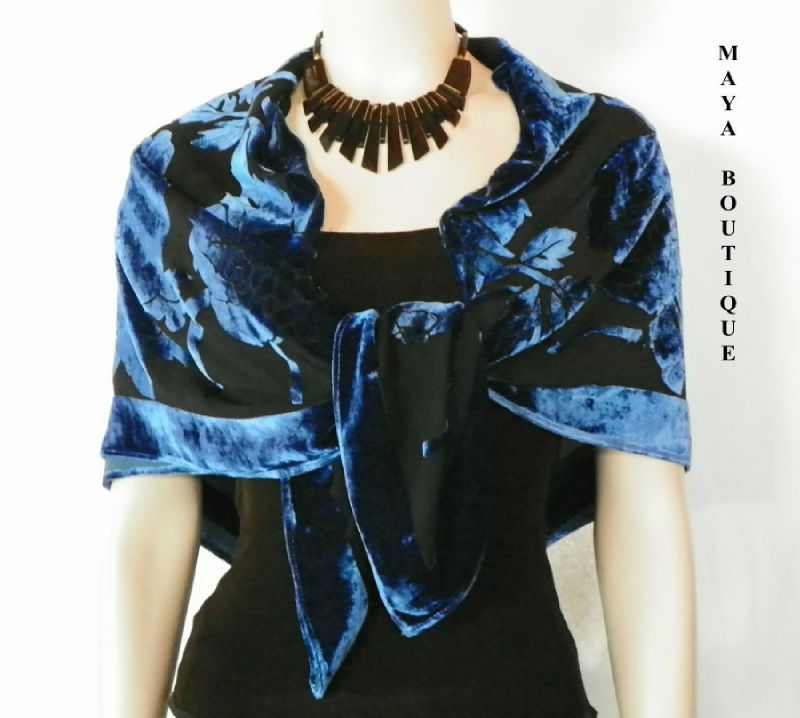 Pre-owned Maya Matazaro Silk Burnout Velvet Poncho Kimono Top Sapphire & Black No Fringe