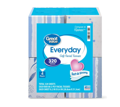 Great Value Everyday Soft Facial Tissues,2-Ply,4 Cube Cartons (320 Total Tissue)