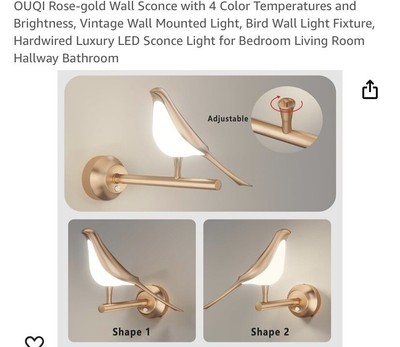 Ouqi Luxury Rose Gold Indoor Bird Sconce. Quality Adjustable Mood Lighting