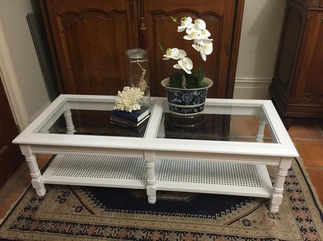 White Hamptons Vintage Solid Oak & Rattan Coffee Table | Coffee Tables