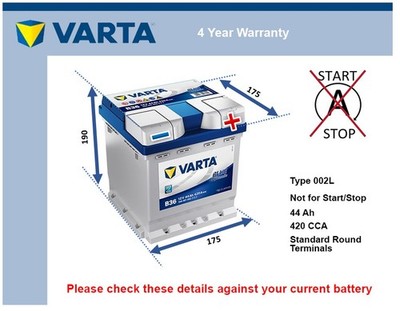Battery fits TOYOTA AYGO 1.0 2005 on Varta 002L 420A 44Ah 4Yr Warranty Quality