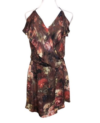 Haute Hippie NWT Brown Floral Halter Neck Aline Faux Wrap Silk Mini Dress Medium