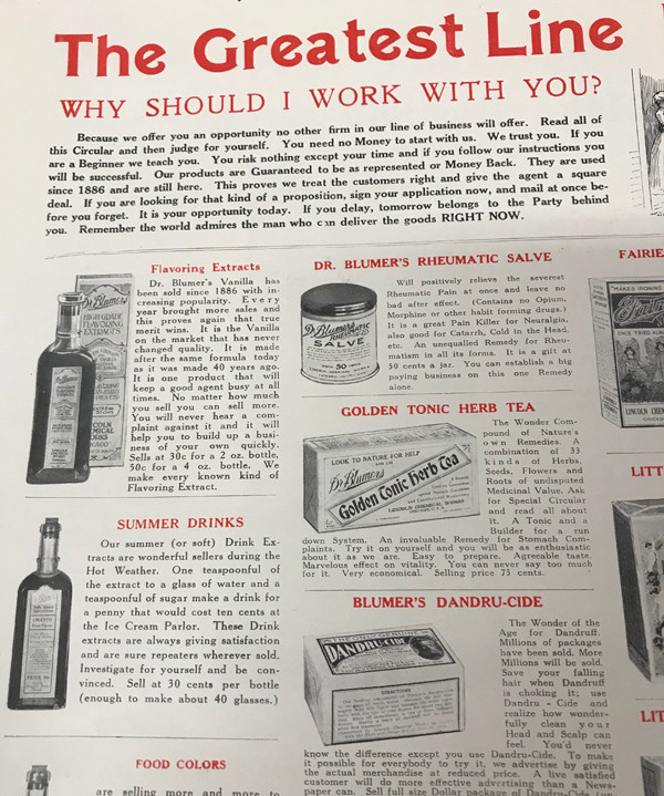 Dr. Blumes Products Ad Poster for Traveling Salesmen. Quack Cures.