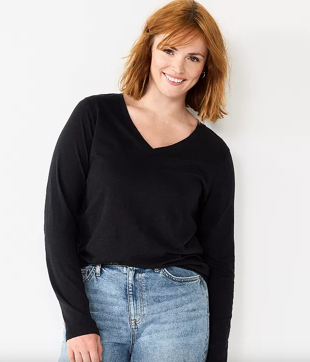 SONOMA Womens TALL Cotton V-Neck L/S T-SHIRT   M   L  XL  (Black White Navy) NWT