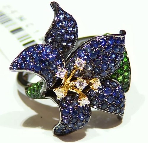 Designer 18K Solid Gold Natural Sapphire Garnet Diamond Gemstone Engagement Ring