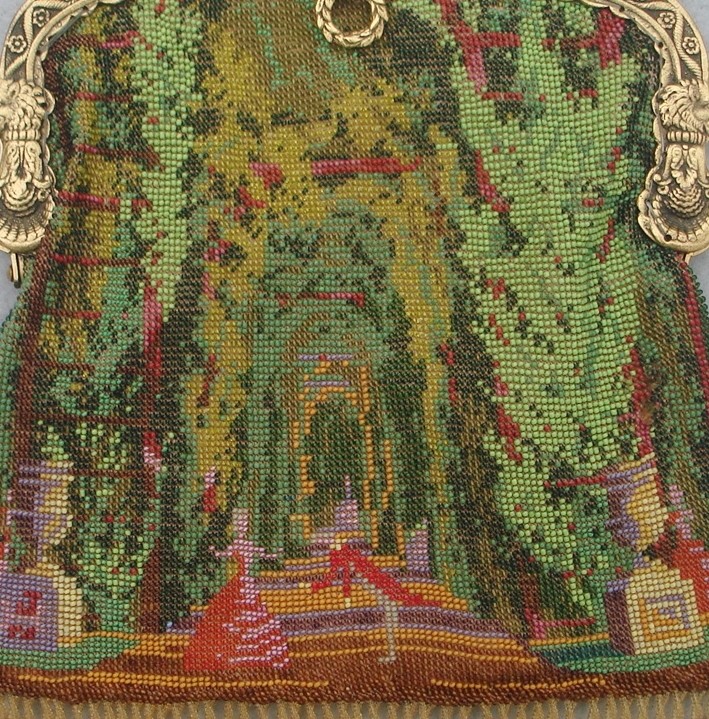 Figural / Scenic Beaded Purse, couple dancing in a garden, ornate frame