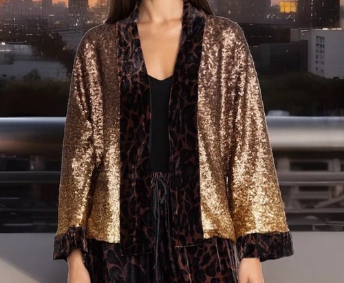 Pre-owned Johnny Was Xl 1x Kimono Silk Velvet & Sequin Gold & Leopard Jacket Wrap Coat