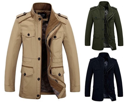 Washing Men's Stand Collar Trench Coat Slim Fit Jacket Long