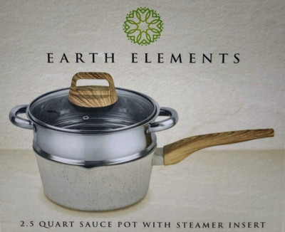 Earth Elements 2.5 Quart Sauce Pot w/ Steamer Insert Cream, Gray Speckle EE20S01