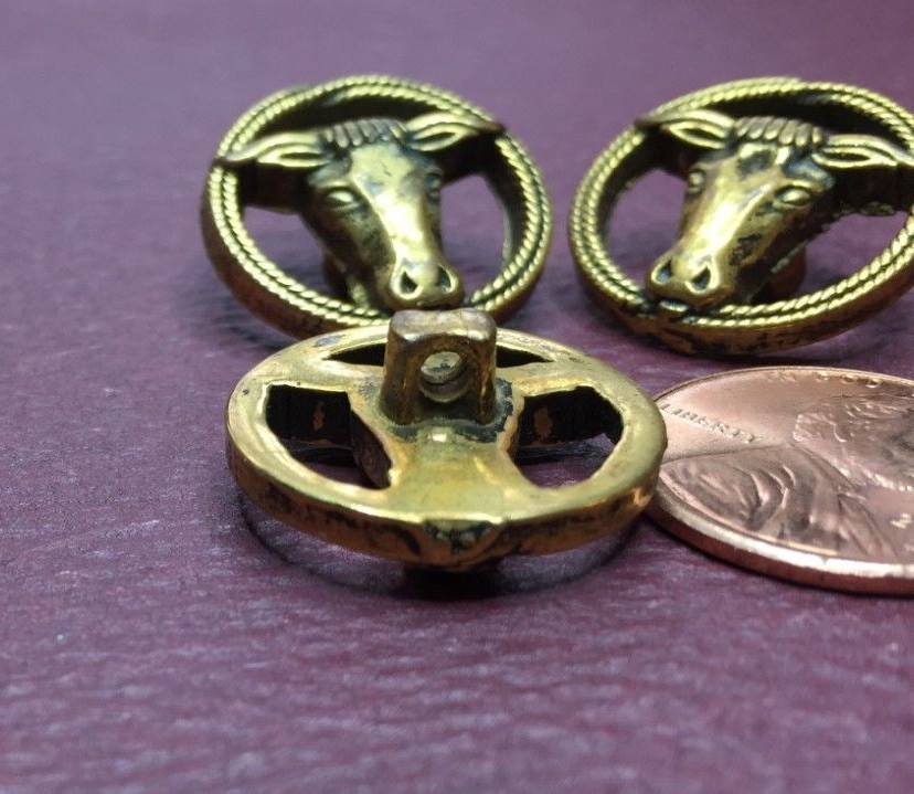 3 Vintage Cow Longhorn Gold Brass tone buttons 20mm