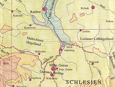 Karte Österreichisch-Schlesien und der Raum um die Mähische Pforte Stand 1914
