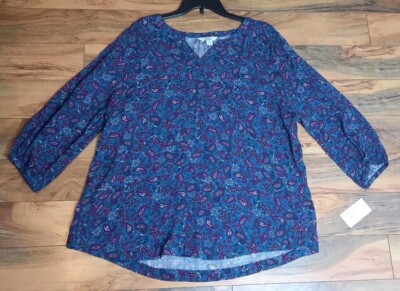 Croft & Barrow Womens Long Sleeve V Neck Peasant Blouse Size XXL Paisley NWT 