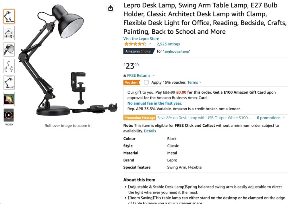 'Pixar' Desk Lamp, E27 Bulb Socket, highly adjustable | in Orpington