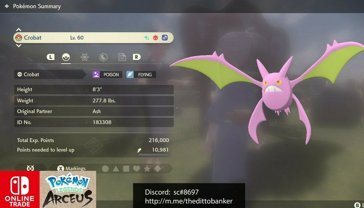 Pokemon Legends Arceus SHINY CROBAT LV.60 ALPHA✨MAX Effort Levels 