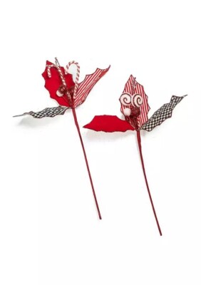SET of 2 MacKENZIE CHILDS CHRISTMAS PEPPERMINT CANDY CANE HOLLY PICK BNWT