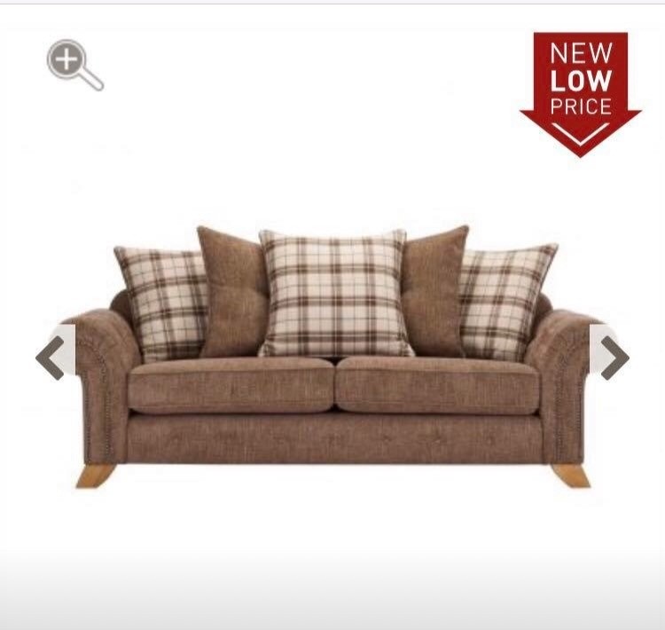 X2 brand new, Oak Furniture land, brown and tartan fabric chesterfield sofas. Matching foot