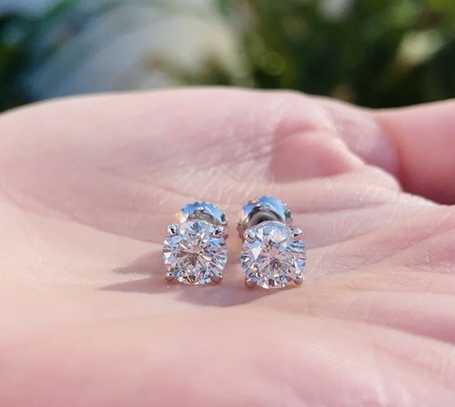 Real 3 Ct Round FL/D GRA Moissanite Solitaire Stud Earrings 14K White Gold 8mm